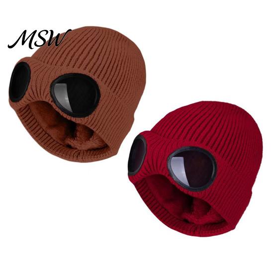 Protective Goggle Hat for Snow Sports 2Pcs Fleece Lined Hats with Goggles, Warm Winter Knit Soft Hats, Windproof Skiing Caps Men Women Cycling Hiking