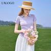 LAGOGO Нежный фиолетовый вязаный топ с коротким рукавом