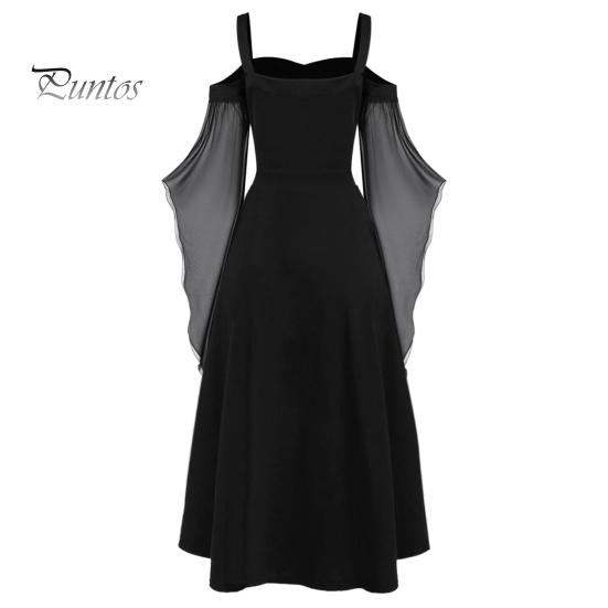 Женское платье для косплея в готическом стиле, костюм ведьмы на Хэллоуин, на шнуровке, без воротника, в тон, с длинными рукавами и рогами, платье трапециевидной формы