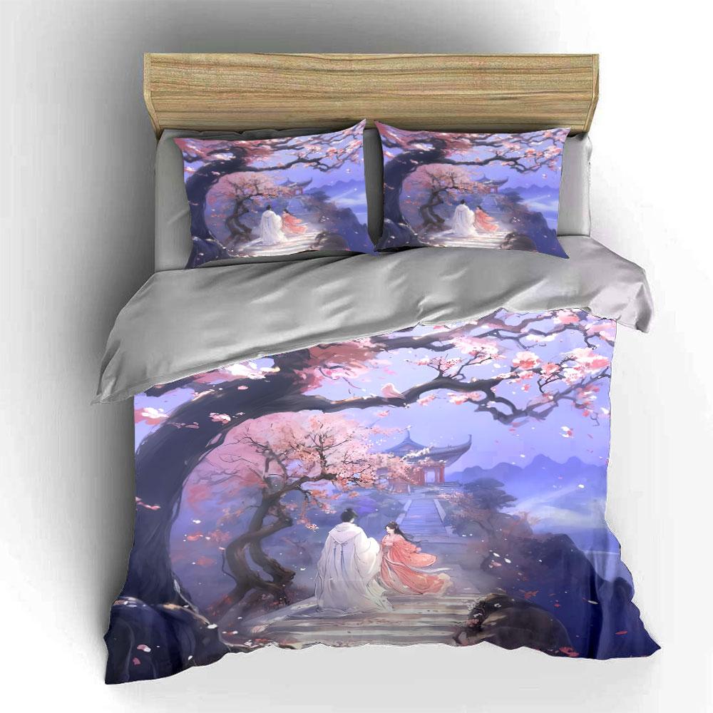Ancient Chinese Couple Bedding Set, Romantic Cherry Blossom Scene Print Duvet Cover + 2 Pillowcases, Fantasy Romance Decor