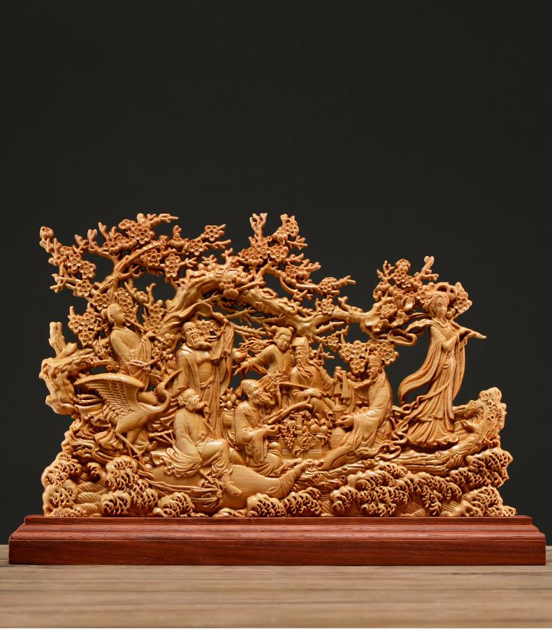 Thuja Wood Carving Eight Immortals Sculpture Decor Dish Wood God of Wealth Lucky Gift Home Decor