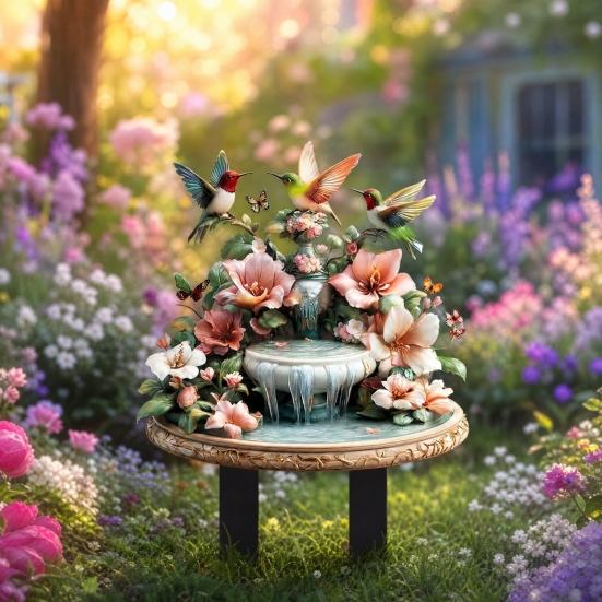Садовый кол с фонтанчиком-колибри, 2D акриловые цветы и колибри, садовый арт-кол, водонепроницаемая уличная фонтанная садовая декорация для газона и клумбы