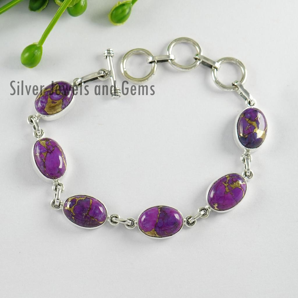 Purple Copper Turquoise 925 Sterling Silver Bracelet, Oval Gemstone Bracelet