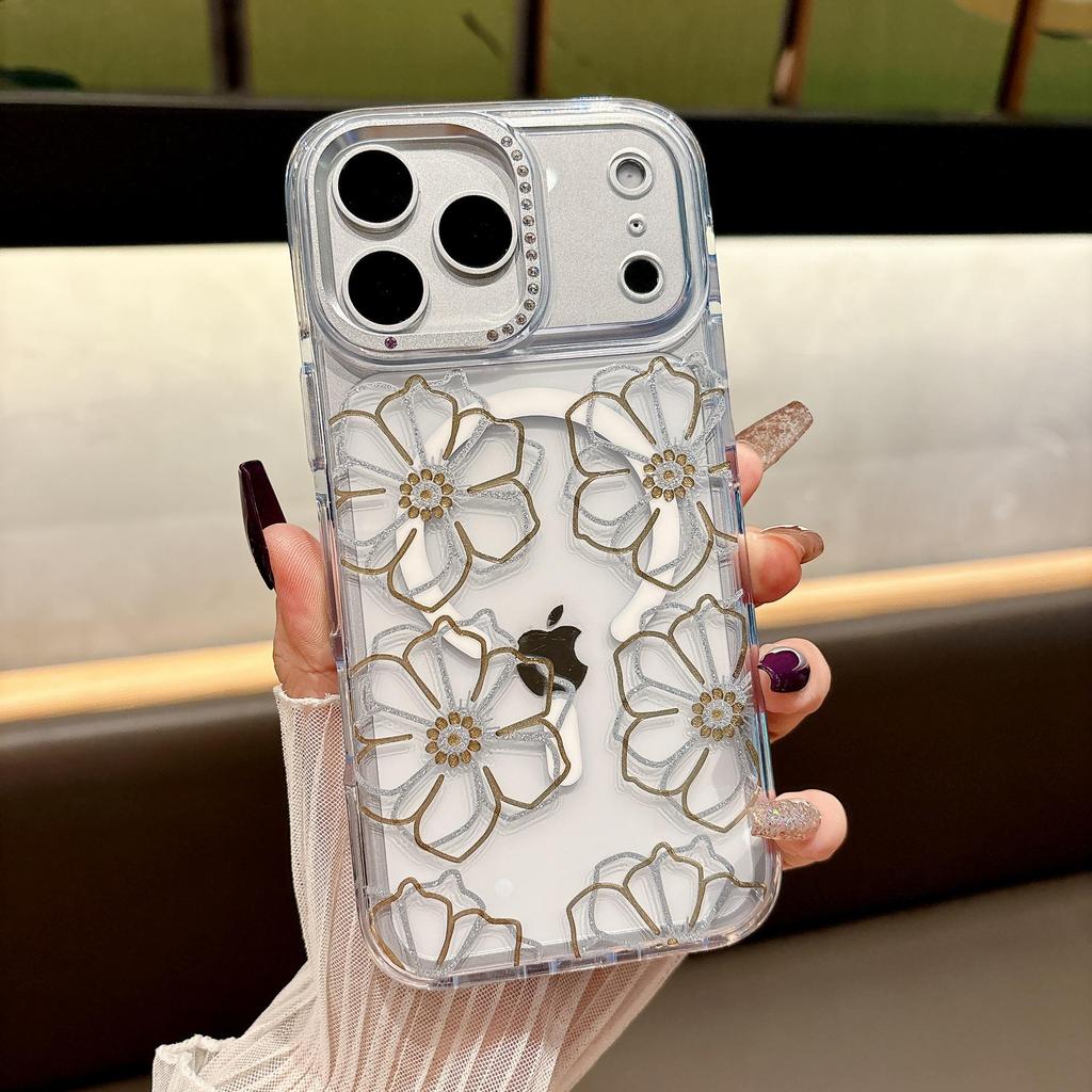 Floral Transparent Magnetic Bow Diamond Lens Case for iPhone 17 Pro Max