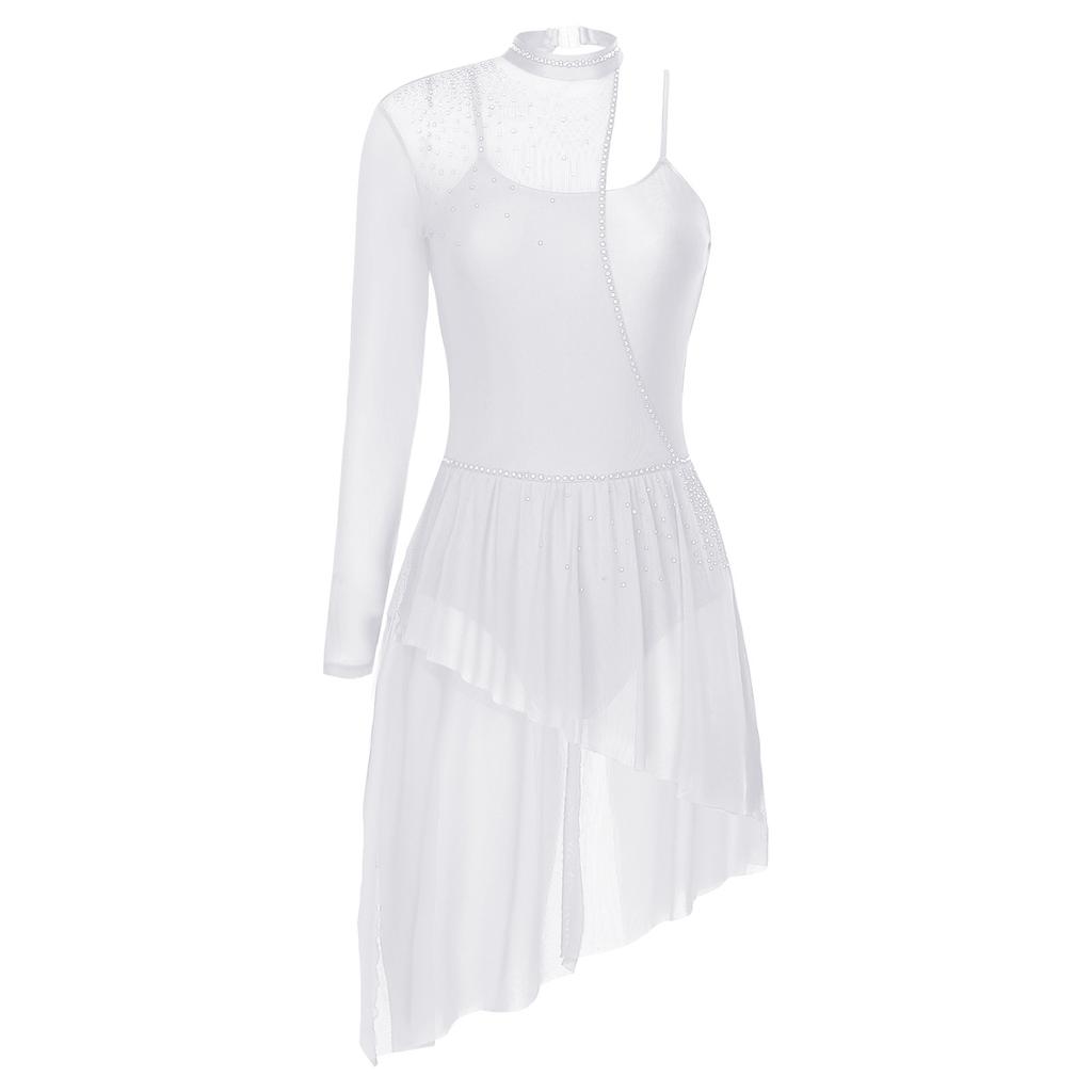 Womens Asymmetrical Lyrical Dancewear Long Sleeve Spaghetti Straps Patchwork Irregular Hem Dresses