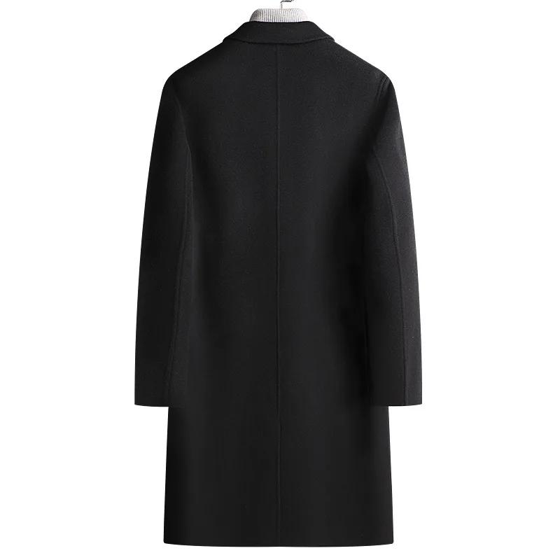 Men's Double-Sided Wool Trench, Black Woollen Outerwear, Long Overcoat, Double Breasted, Thick Black, Autumn, Winter