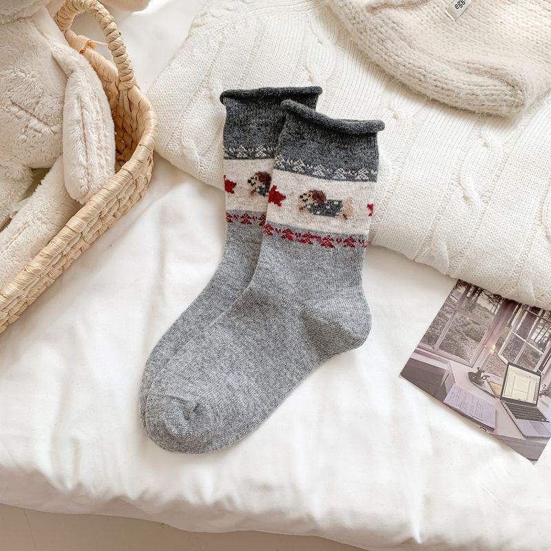 Осенние и зимние толстые теплые женские носки в корейском стиле с узором «Fair Isle», средней длины, с отворотом.