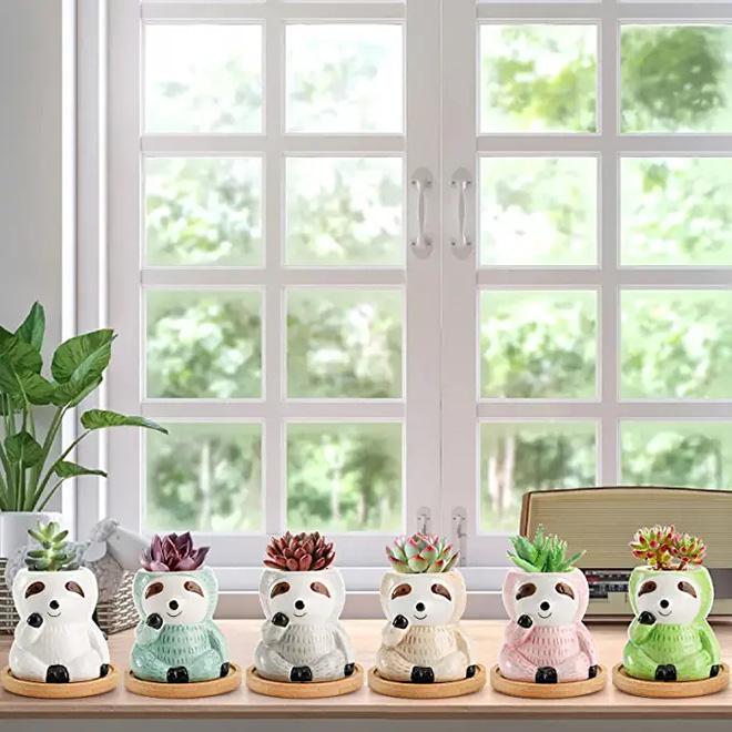 Dropshiping Sloth Planter With Bamboo Tray Indoor Outdoor Ceramic Animal Planters Pots Succulent Plant Pot for Air Plant