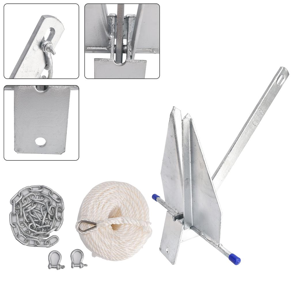 8 фунтов Стальной скользящий якорь Комплект якоря горячего цинкования Набор цепи и троса Серебристый Для лодки