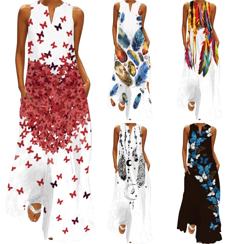 2026 Summer Women's Fashion Sexy Digital Printing V-Neck Sleeveless Long Dress Pocket European and American Dress S-5XL