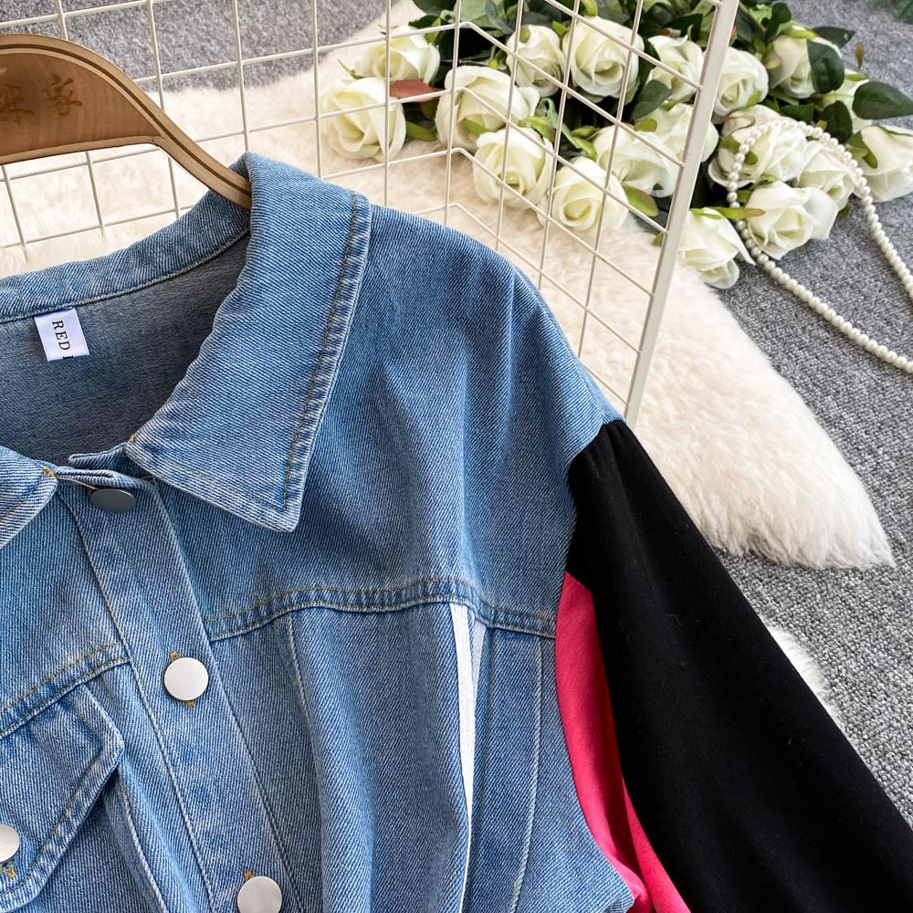 Новое контрастное джинсовое платье в стиле пэчворк с лацканами, женское дизайнерское платье Sense с завязками на талии, утягивающее длинное платье