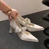 Модные французские туфли-лодочки с острым носком и стразами для женщин 2025 Новые универсальные туфли Мэри Джейн с ремешком и блочным каблуком