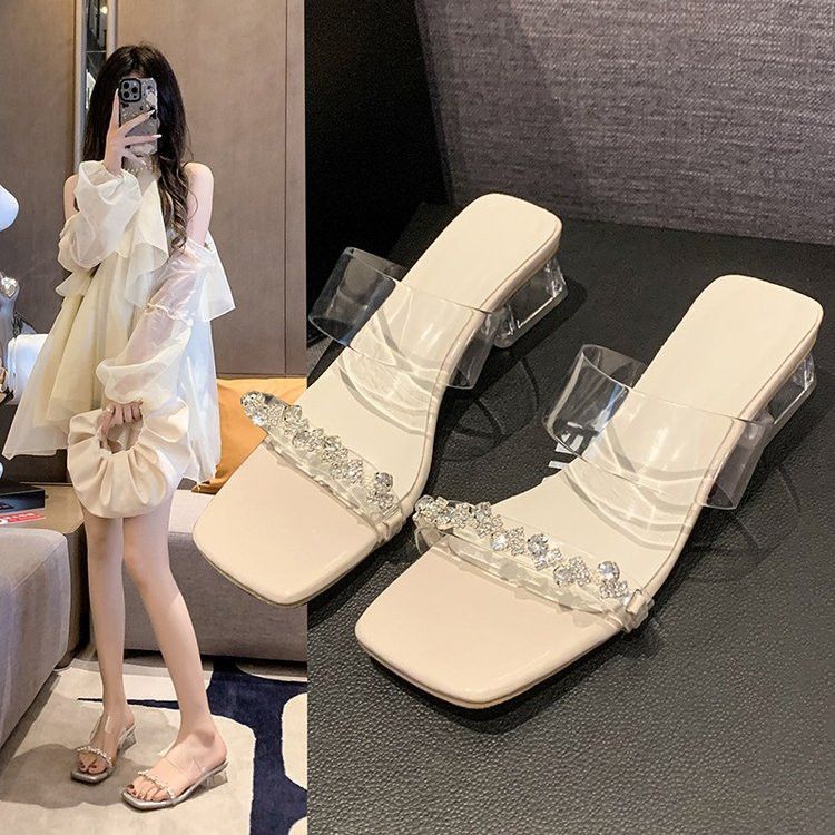 Transparent temperament high heels women's sandals summer 2025 new sexy outer thick heel sandals fashion crystal slippers