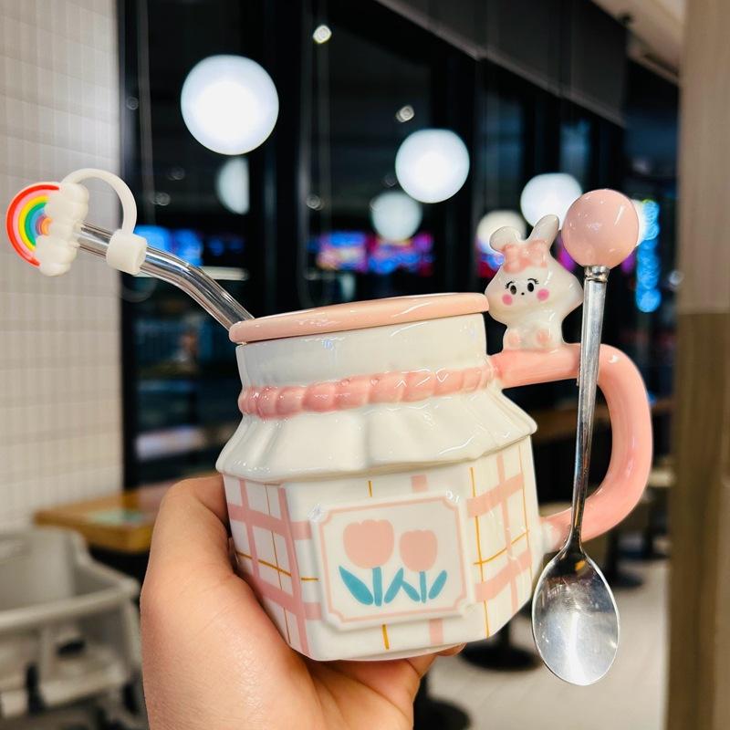 Пара кроликов Чашка-тюльпан Сувенир Подарок на день рождения Девочка Офисная чашка для воды Керамическая кружка с крышкой