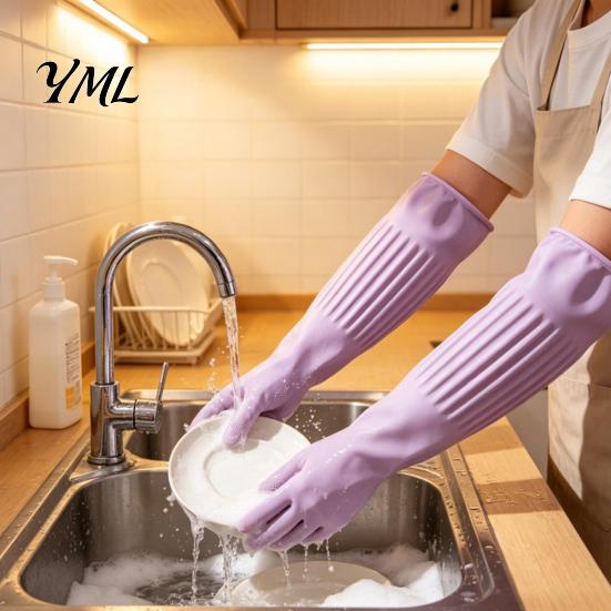 Household Protection Gloves Extended Waterproof Dishwashing Gloves, Anti-slip Grip Natural Latex Elbow Length Rubber Protective Durable Cleaning