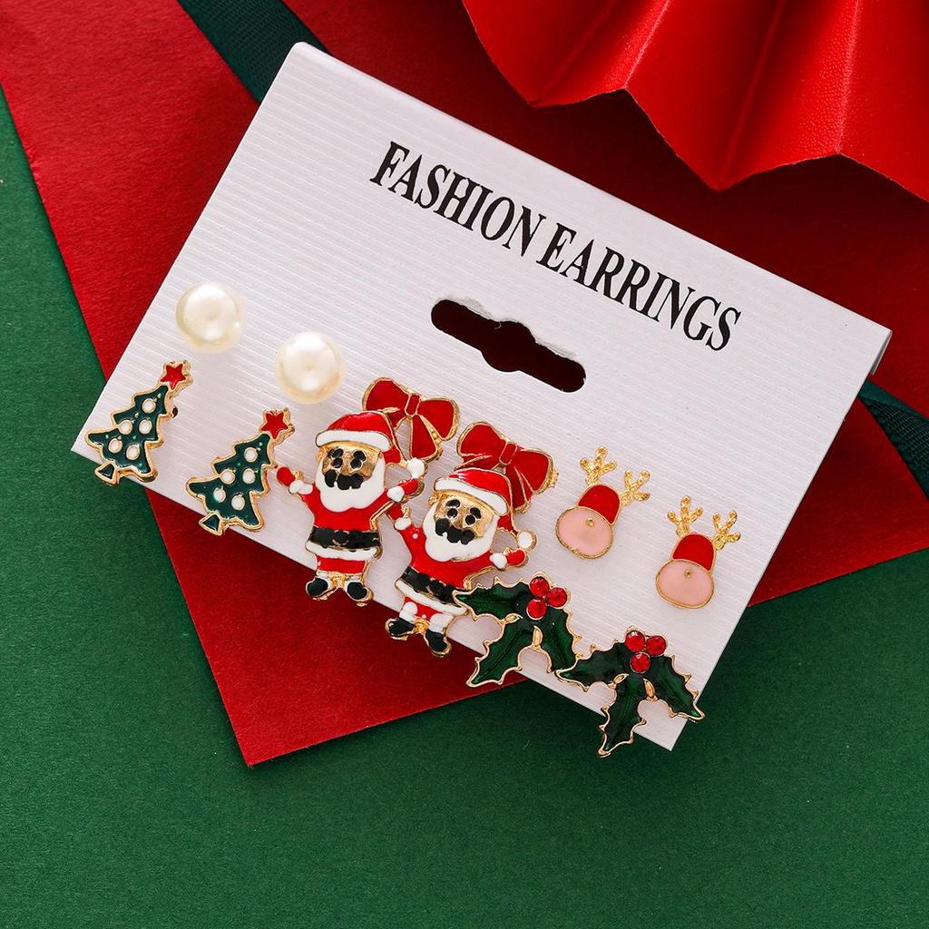 Рождественский набор серег с бантом из жемчуга и мультяшным Санта-деревом в виде лося для женщин