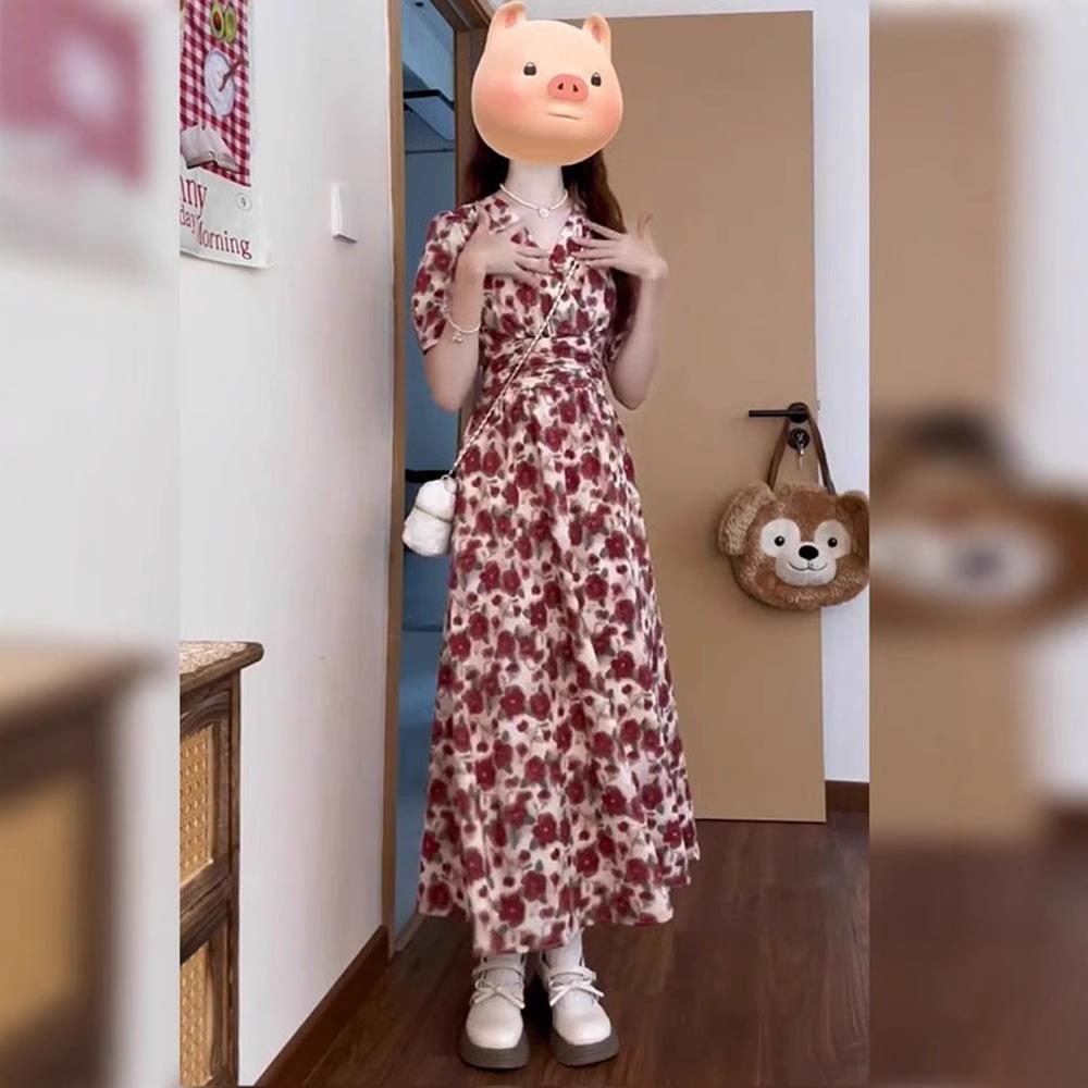 Summer red floral dress children's new waist explosion long dress coffee break French temperament advanced sense