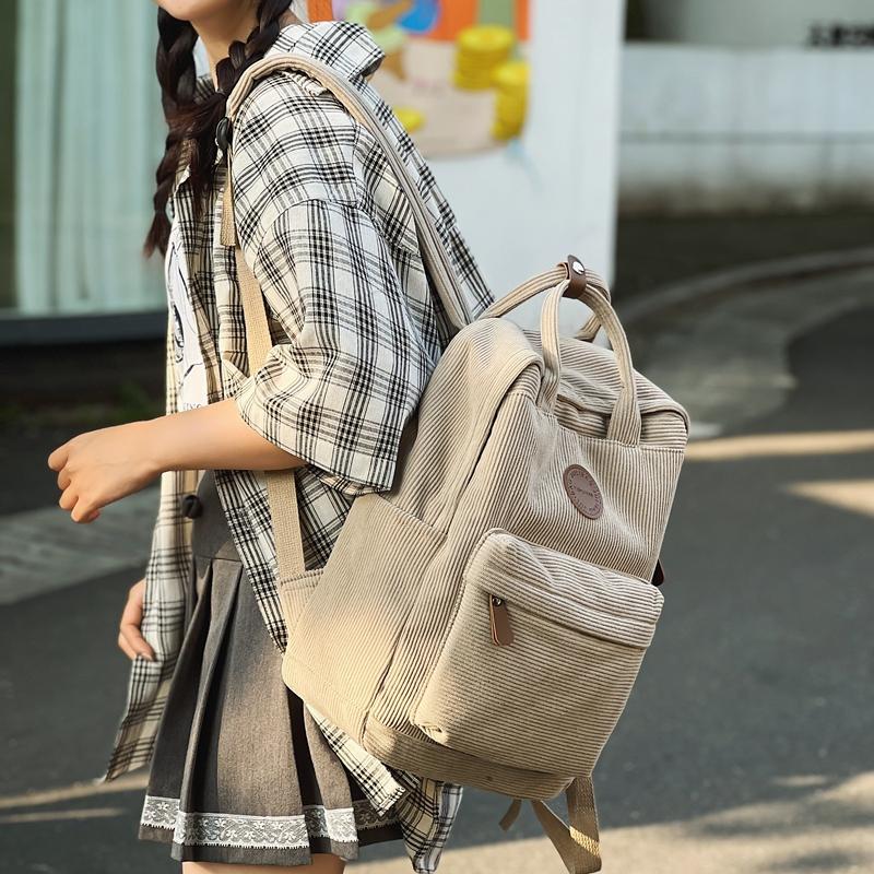 Women Corduroy Backpack Student School Bag Retro Class Book Backpack