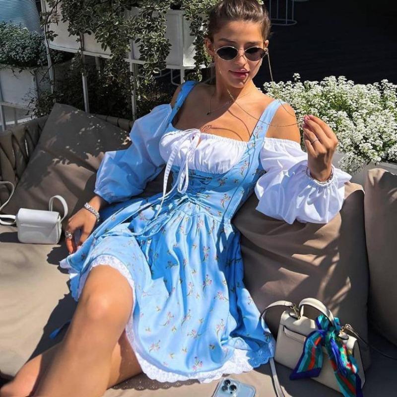 Slimfit сексуальное платье с открытыми плечами и цветочным принтом для женщин, зашнуровать лоскутное мини-платье с длинными рукавами Femme France, винтажное элегантное уличное платье, лето 2024