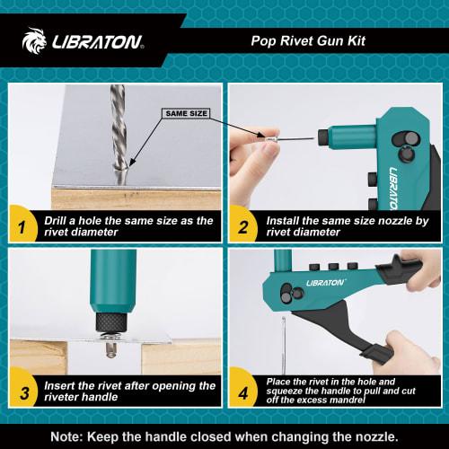 LIBRATON Hand Riveter Set, Includes 120 Blind Rivets, 4 Drill Bits, and 4 Toolless Nose Pieces, Riveting Tool Set