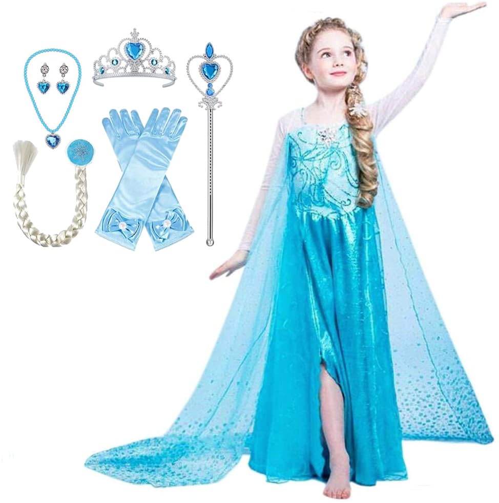 Princess Dress for Kids Cosplay Costume Luxury Set Ice Blue Ribbon Braided Heart Magic Original 110cm NT331 [CREDIBLE] 8-piece - (Princess Dress,