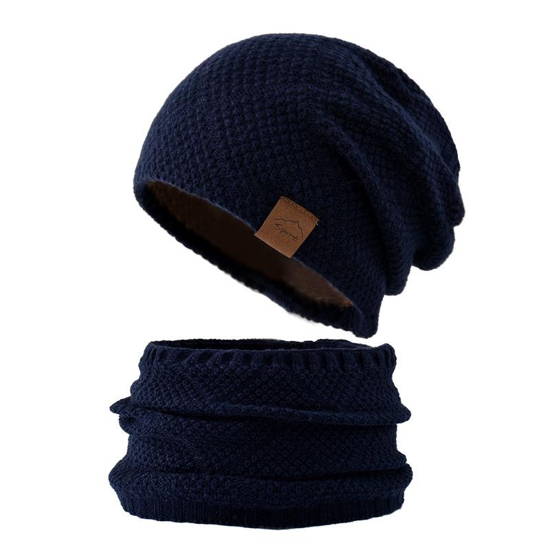Men's Autumnn Winter Solid Color Knitted Hat and Scarf Set Thicken Warm Fleece Lined Cold-resistant Hat and Neckerchief for Men