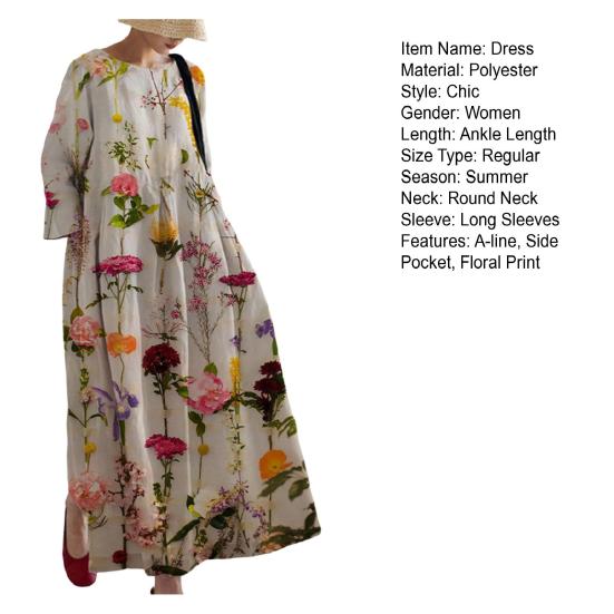 Женское платье трапециевидной формы с цветочным принтом, большим подолом, длинными рукавами, свободный круглый вырез и боковые карманы, плиссированное повседневное платье макси до щиколотки