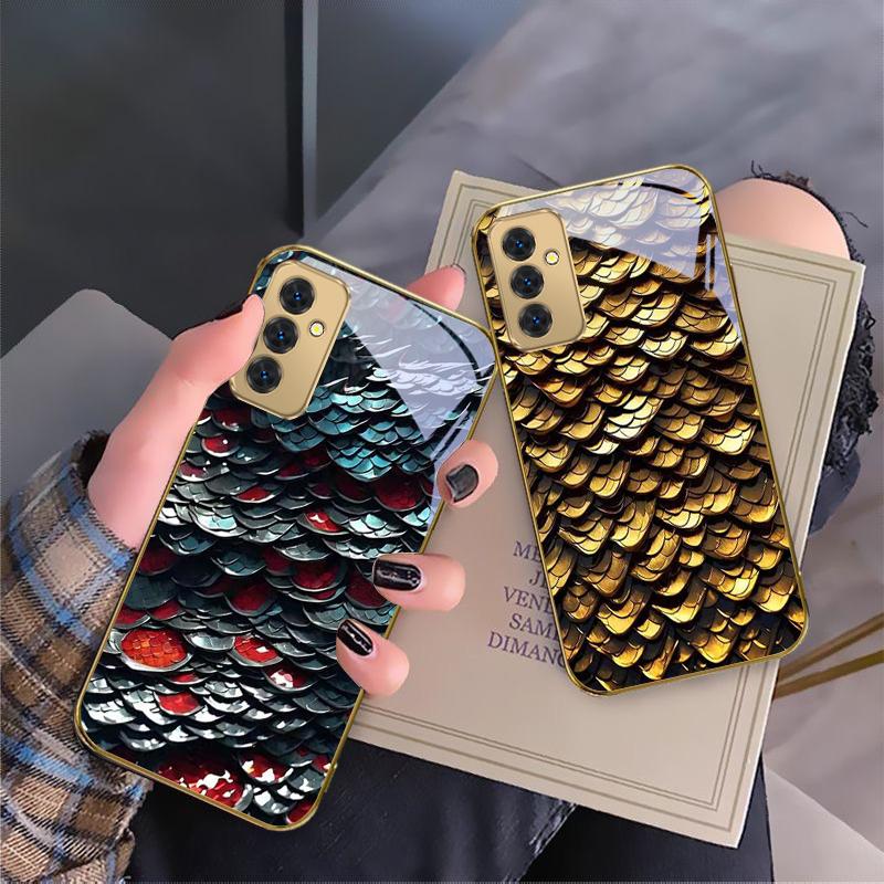 Текстура золотой чешуи Для Samsung Galaxy S 21 S22 S23 Plus S24 Ultra S20 FE 25Ultra S21+ S9+ 22Plus Золотой стеклянный чехол для телефона