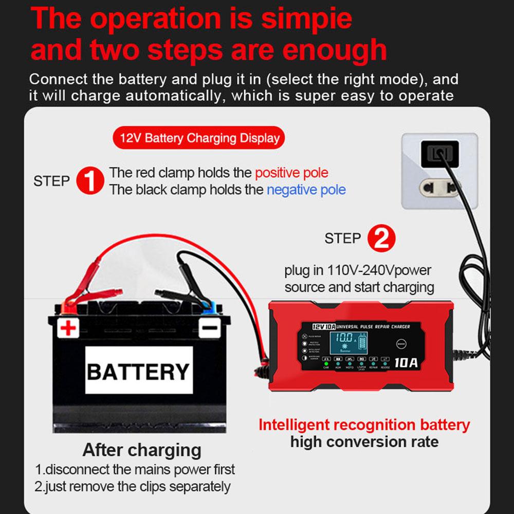 Интеллектуальное зарядное устройство для автомобильного аккумулятора 14,6 В 10 А, зарядное устройство для литиевых и железных аккумуляторов, импульсный ремонт, вилка ЕС/США, бесшумный вентилятор, цифровой ЖК-дисплей 12 В 10 А