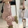 Women's Solid Color Cargo Street Hip Hop Jogging Pants Lace-up Zipper Type Casual Wide Leg Pants With Pockets