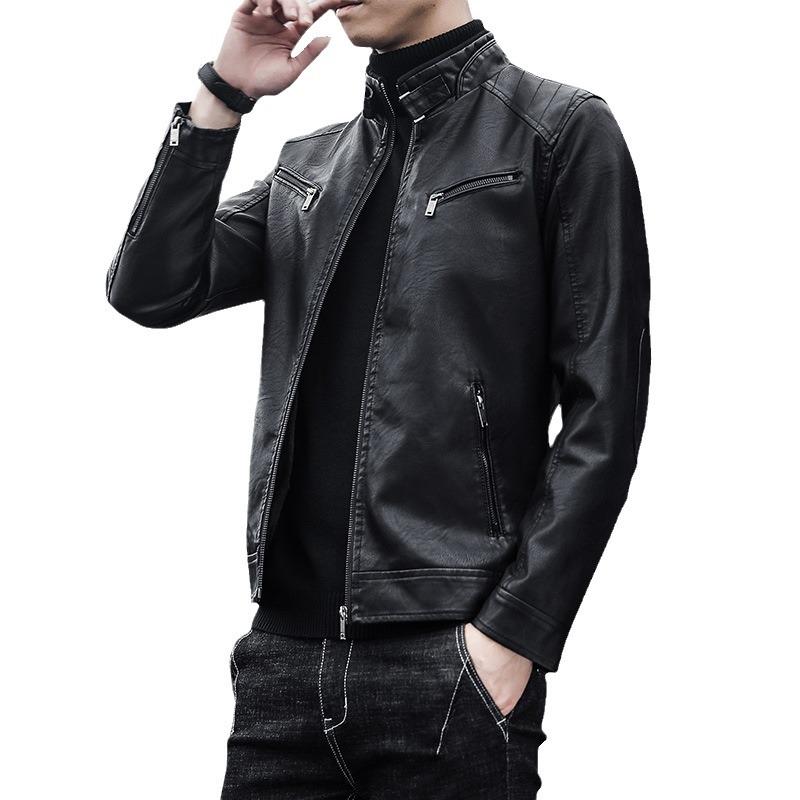 Men's PU Leather Jacket Casual Men's Stand Collar Slim Motorcycle Leather