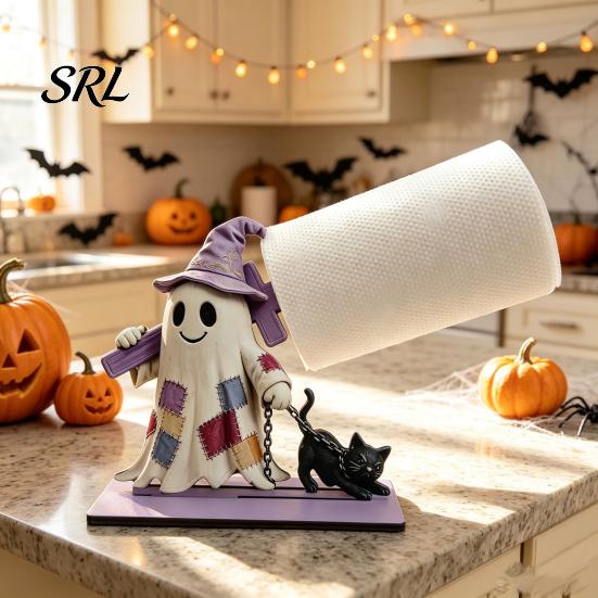 Wooden Roll Paper Stand Halloween Towel Holder, Cute Patchwork Ghost Napkin Stand, Holiday Home Accents Rustic Dispenser for Kitchen Dining