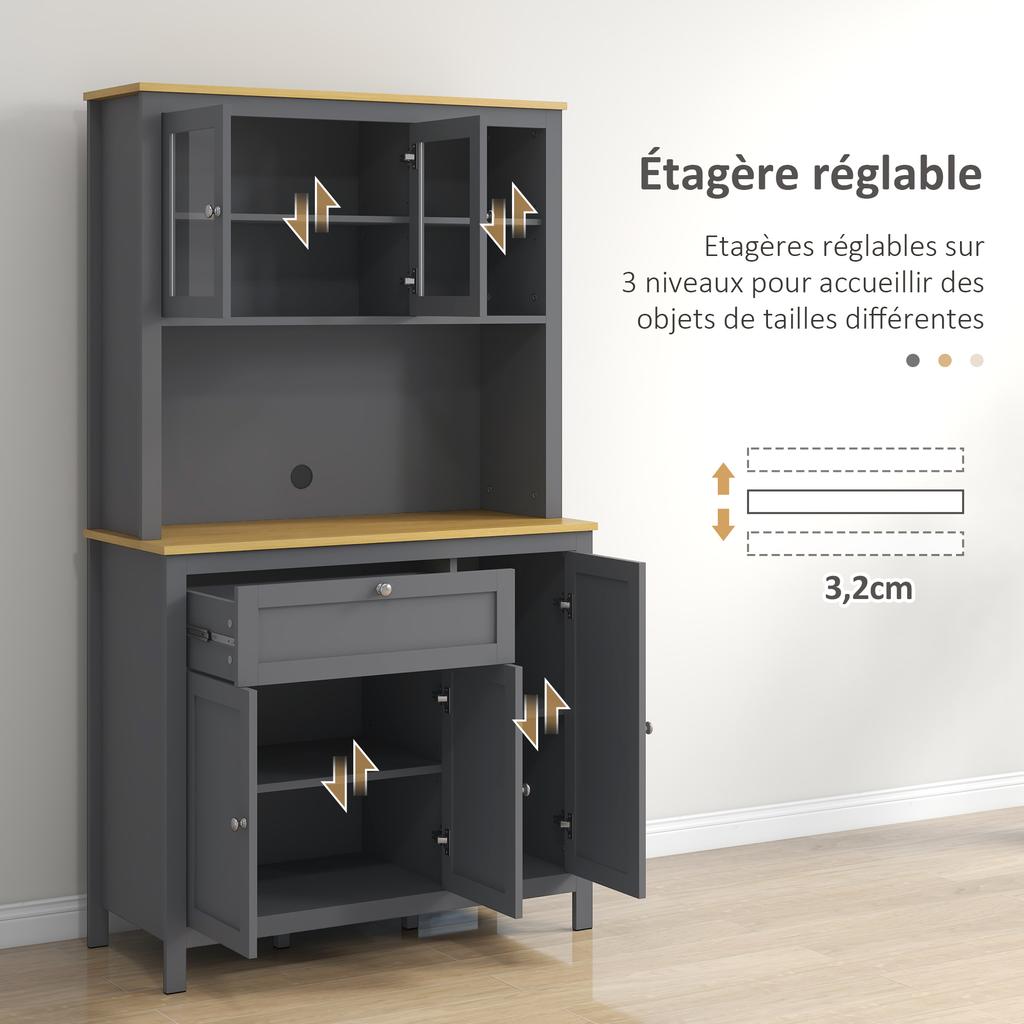 Kitchen cabinet sideboard, 5 doors, 2 glass doors, 1 drawer, 1 niche, 180 cm high, grey