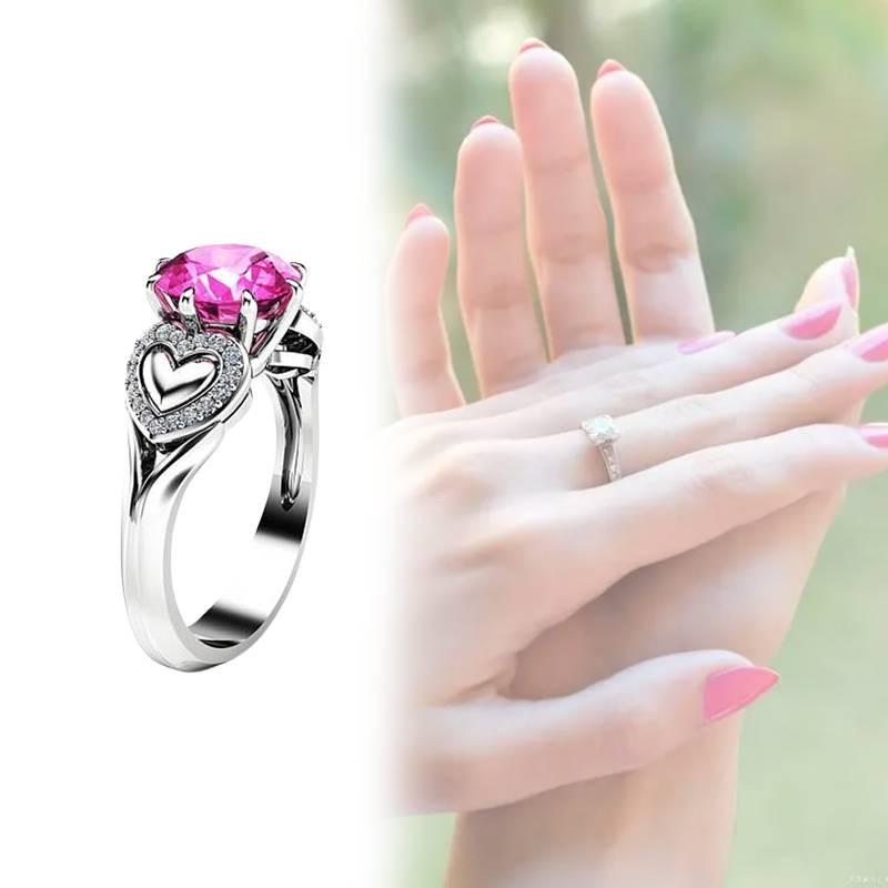 Fashionable Heart Shaped Pink Zircon Crystal Ring With Silver Plated Adjustable Band For Women