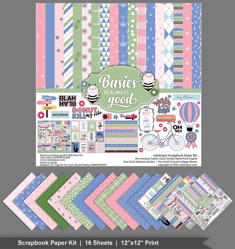 Inkdotpot Basics Is Always Good, Pastel Theme Collection Double,Sided Scrapbook Paper Kit Cardstock 12"x12"- 16 Pages