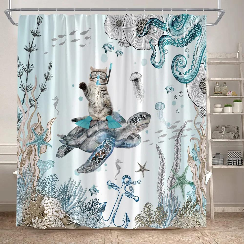 Funny Octopus Shower Curtains Marine Animal Mermaid Sailboat Vintage Nautical Map Bath Curtain Fabric Bathroom Decor with Hooks