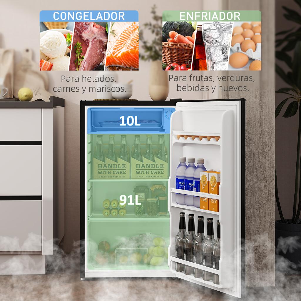Small Refrigerator with Freezer 91L Quiet Reversible Door Adjustable Temperature and Adjustable Shelves Black