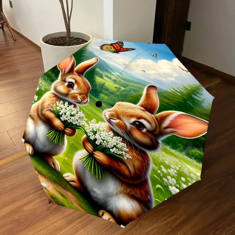 1PC Bunnies Flowers Umbrella-8-Rib Reinforced, Automatic Open, Lightweight & Durable, Fashion Accessory for Outdoor, J0329