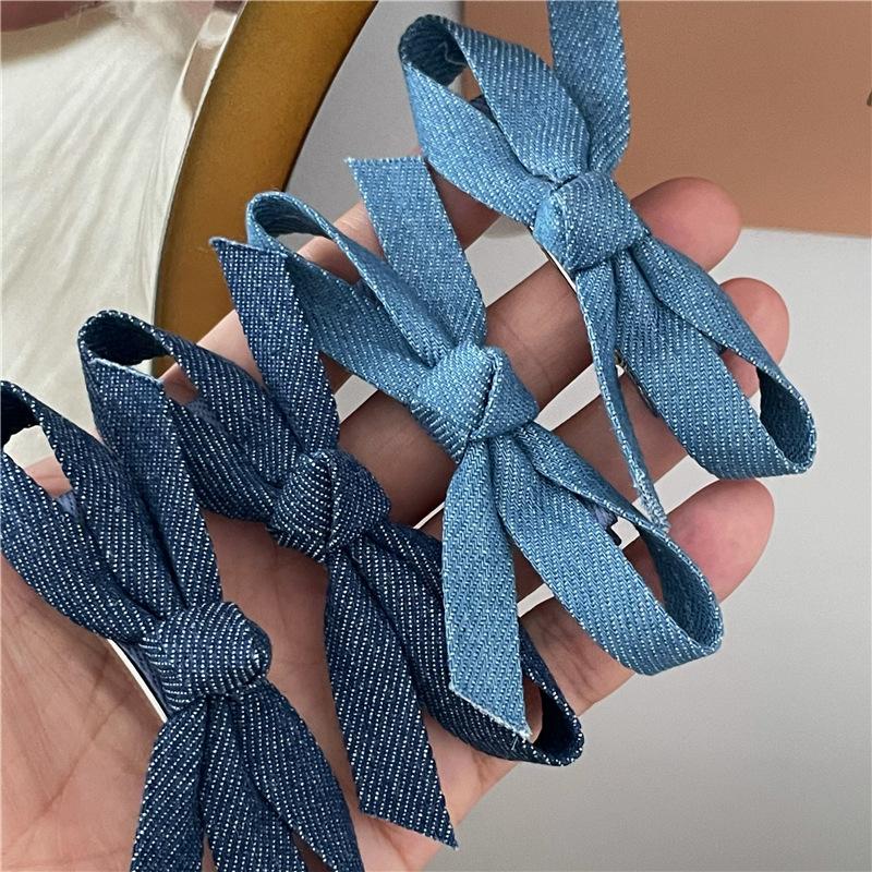 Personality Denim Blue Fabric Bow Barrettes a Pair of Hairclips Side Shredded Hair Bangs Clip Duckbill Clip