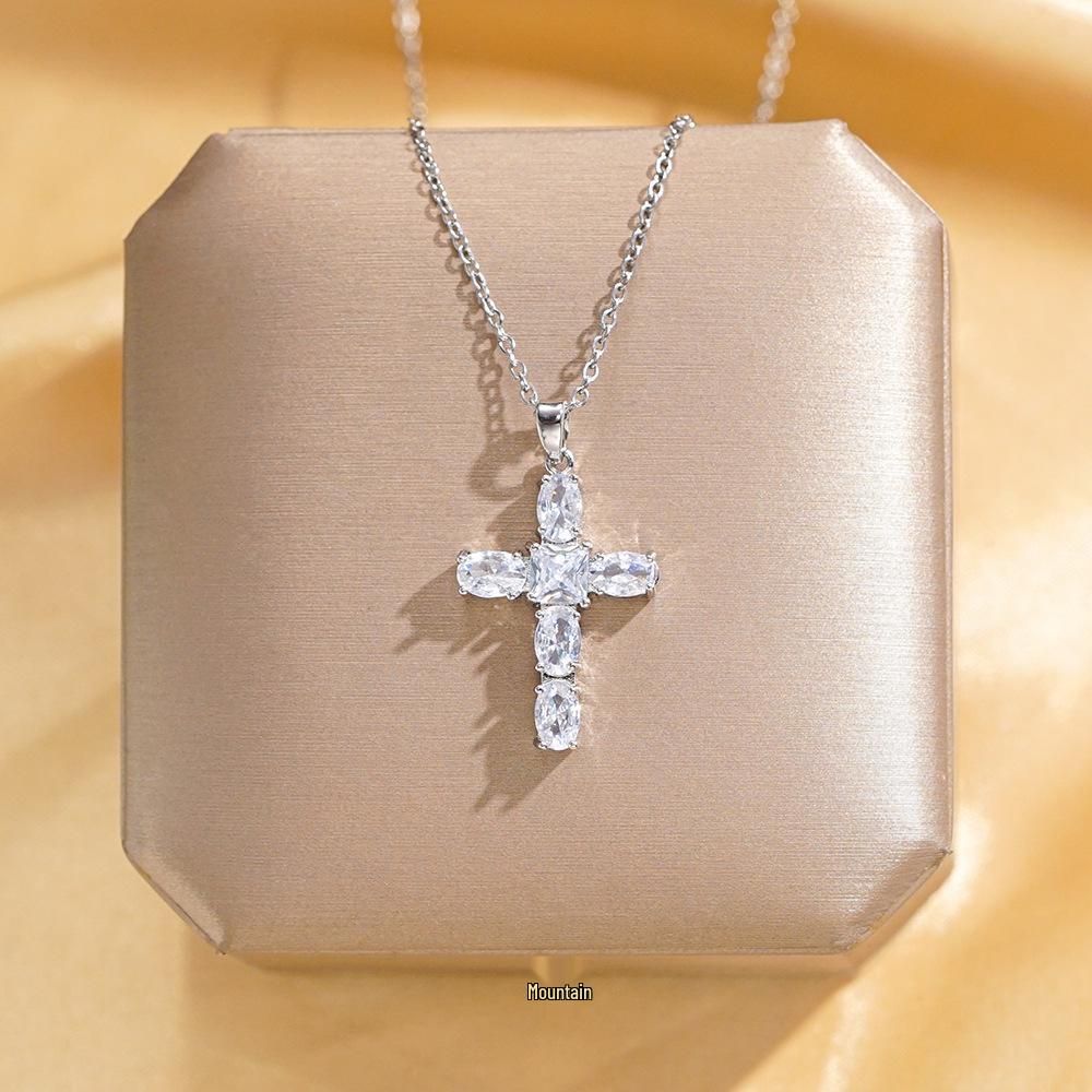 Zircon Cross Pendant Necklace: Gold Electroplated Titanium Steel, European & American Style, Elegant Female Design