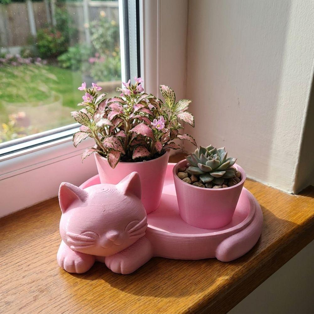 3D Printed Cat-Shaped Flower Pot Cute Animal Mini Potted Plant Jewelry Tray  Indoor/Outdoor Use