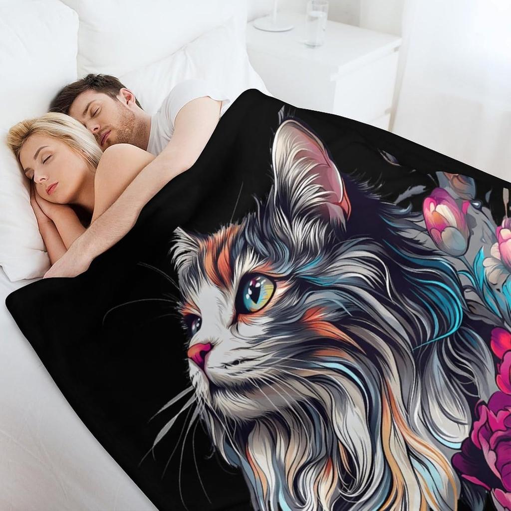 1PC Boho Cute Cat Flower pattern Throw Thin Fashion Blanket Pop arts Gifts for Couch Bed Car Home for Flowers Leaf Lovers all season use