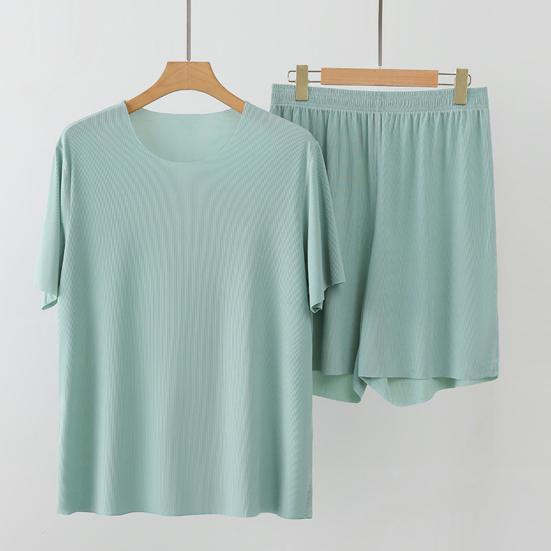 2Pcs/Set Men Loungewear O-Neck Short Sleeve Tops Elastic Waist Wide Leg Shorts Set Solid Color Ice Silk Homewear Seamless Pajama Set