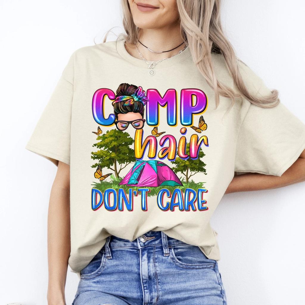 Camp hair don't care T-Shirt Forest Camping site Unisex tee White Sand Sport Gre