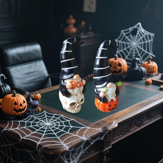 1 Pair Halloween Gnome Statue Ghost Skull Pumpkin Shape Resin Figure Festive Atmosphere Halloween Decoration