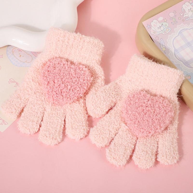 Winter Coral Fleece Gloves for Girl Cute Heart Thicken Plush Warm Full Finger Mittens Kids Windproof Anti-Cold Gloves