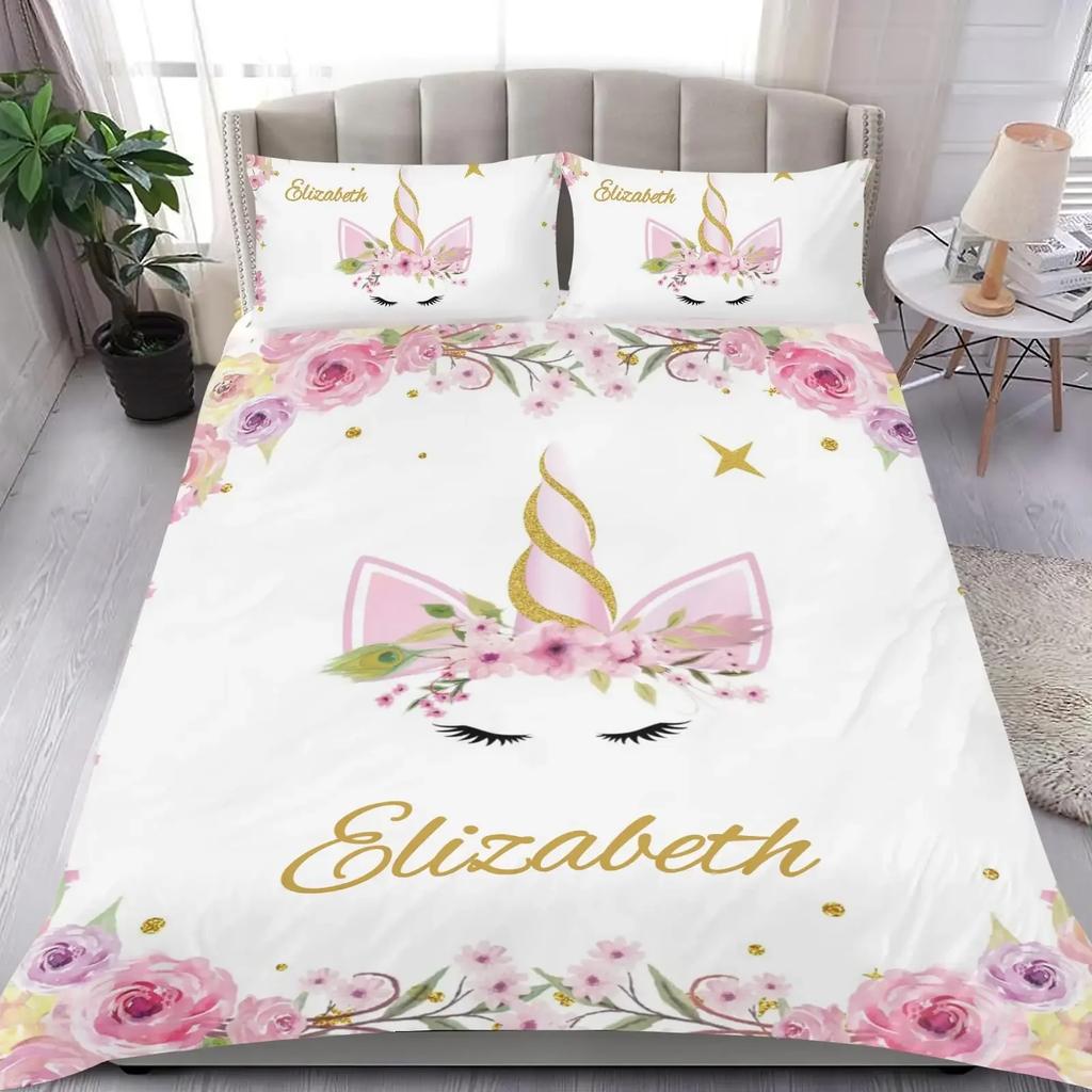 Custom Name Duvet Cover Set Cartoon Animals Unicorn Bedding Set Twin Full Queen King For Kids Girls Boys Birthday Wedding Gifts