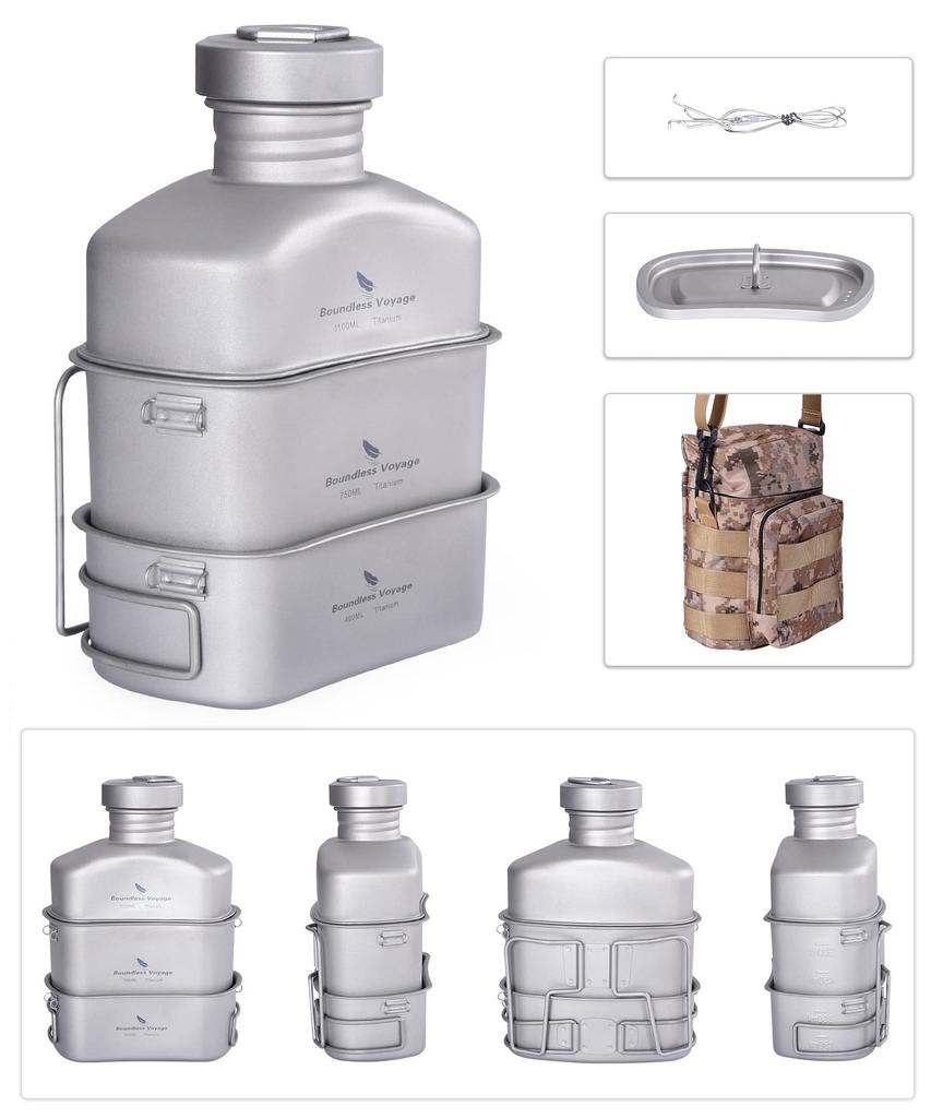 Boundless Voyage Titanium Military Canteen Titanium Canteen Набор для приготовления пищи Набор матовых столовых приборов из 3 предметов (400мл+750мл+1100мл Ti2049C)