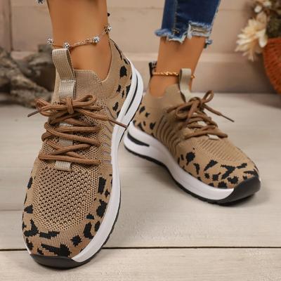 Мода 2025 Новая Женская Повседневная Обувь Новые Леопардовые Кроссовки на Шнуровке Легкая Сетчатая Дышащая Повседневная Спортивная Обувь Женские Кроссовки для Бега