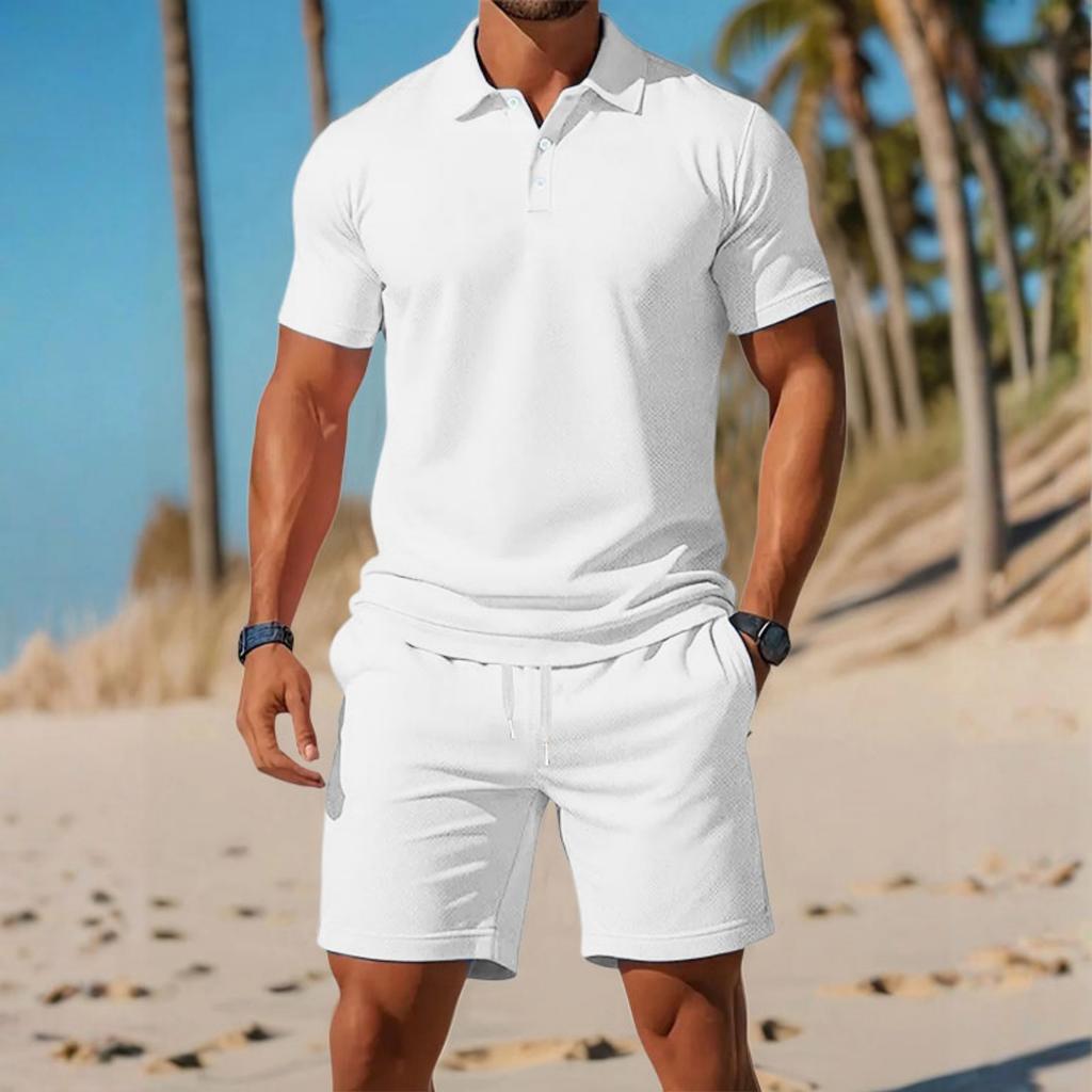 Men's Casual Set  Loose And Breathable Short-sleeved Shirt And Vacation Shorts Solid Color Quick-drying Men's Two-piece Set
